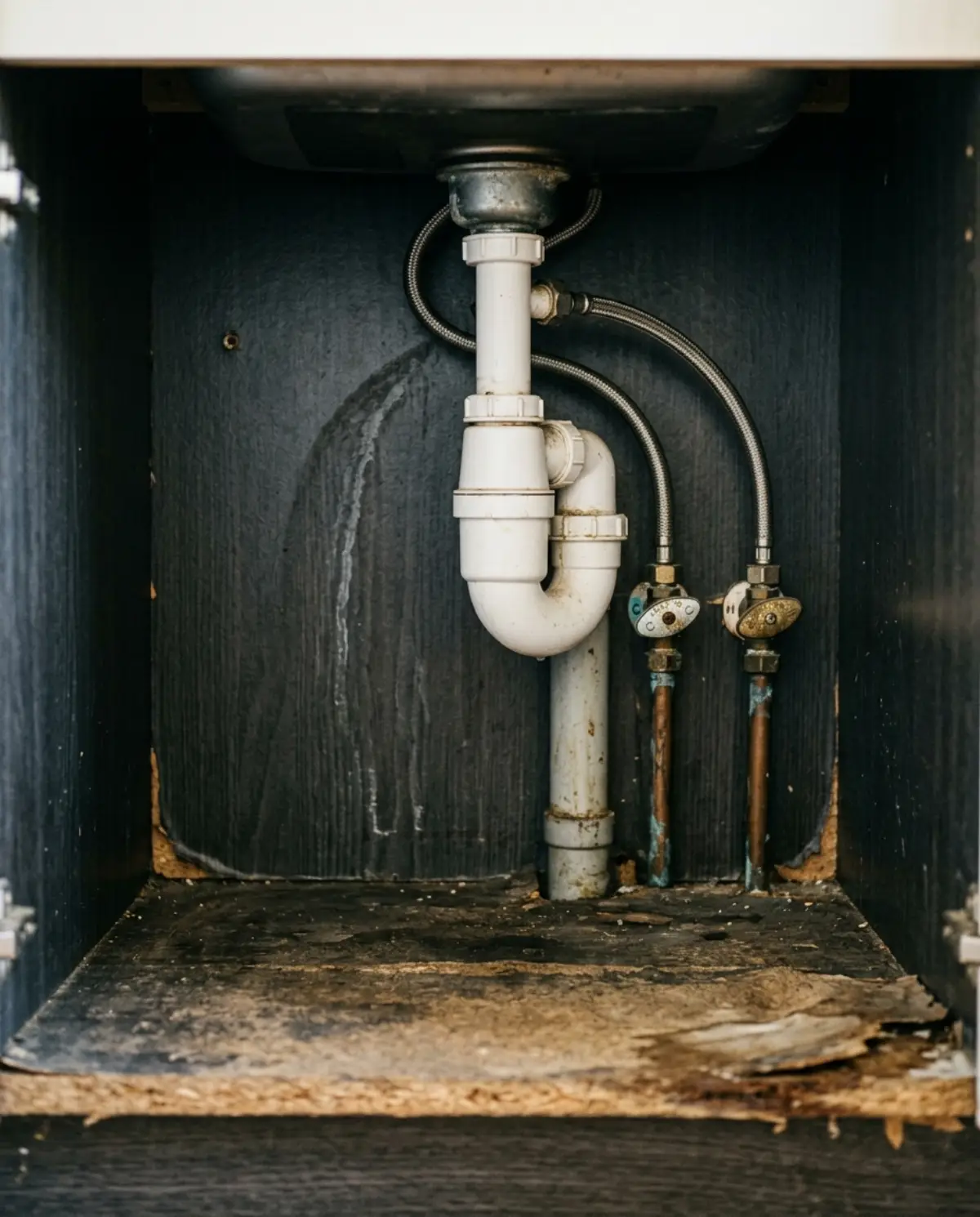 Siphon et arrivées d’eau visibles sous un évier de cuisine.